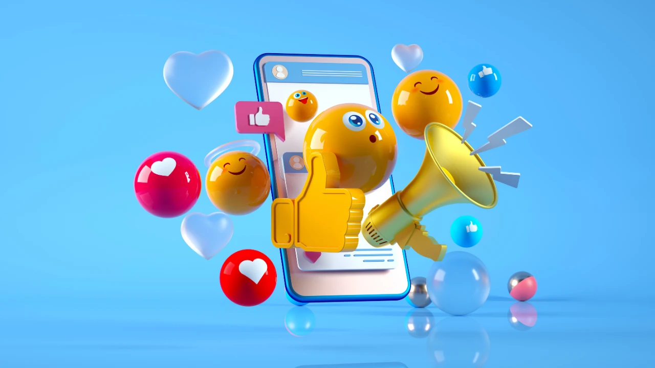 Yellow smiley faces and social media thumb icons overlaid on a smartphone.