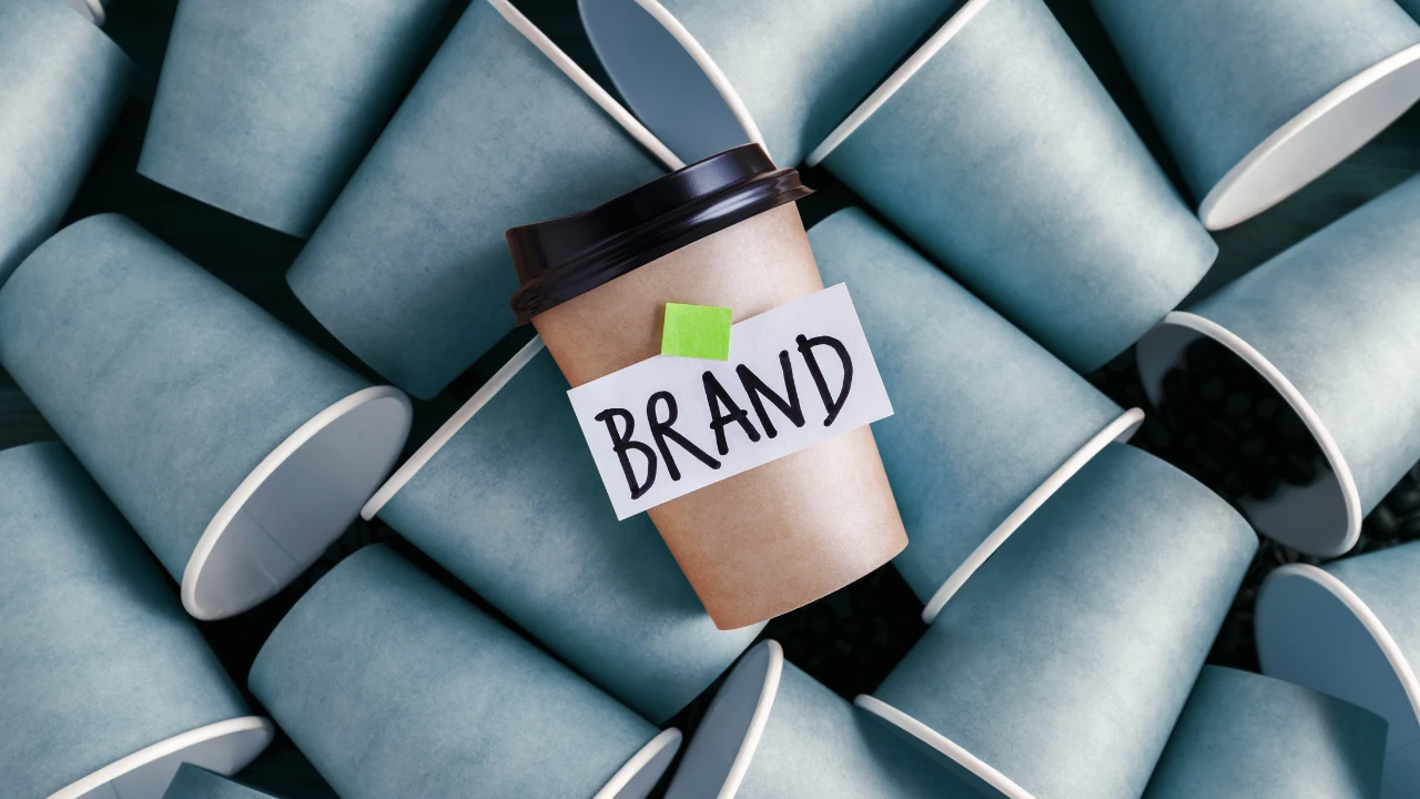 A brown paper cup with the word BRAND written on it. The brown cup sits on top of lots of blue paper cups.