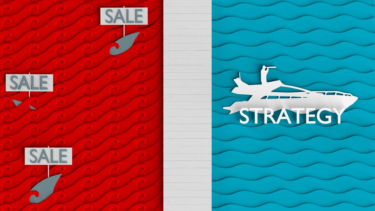 A graphic image in red and blue with the words sale and strategy.