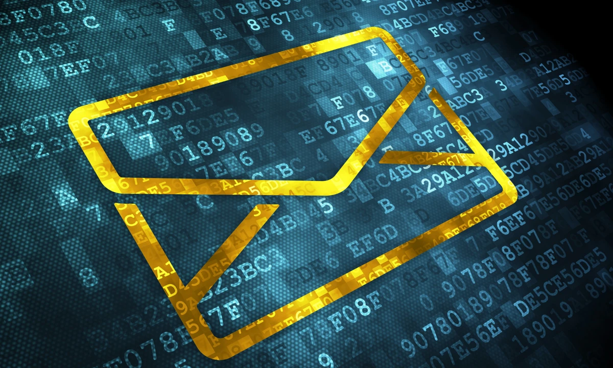 An image of an envelope outlined in gold on a blue background.