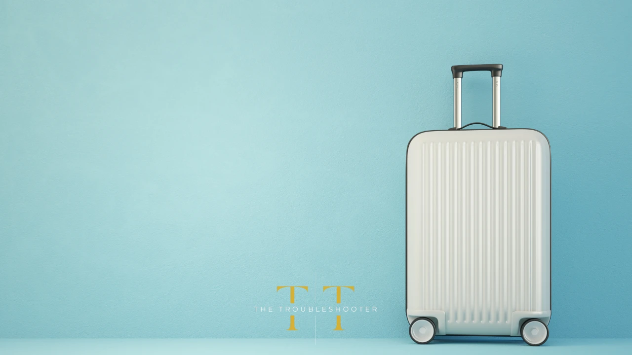 Contemporary suitcase on a light blue background. The Troubleshooter logo in the foreground.