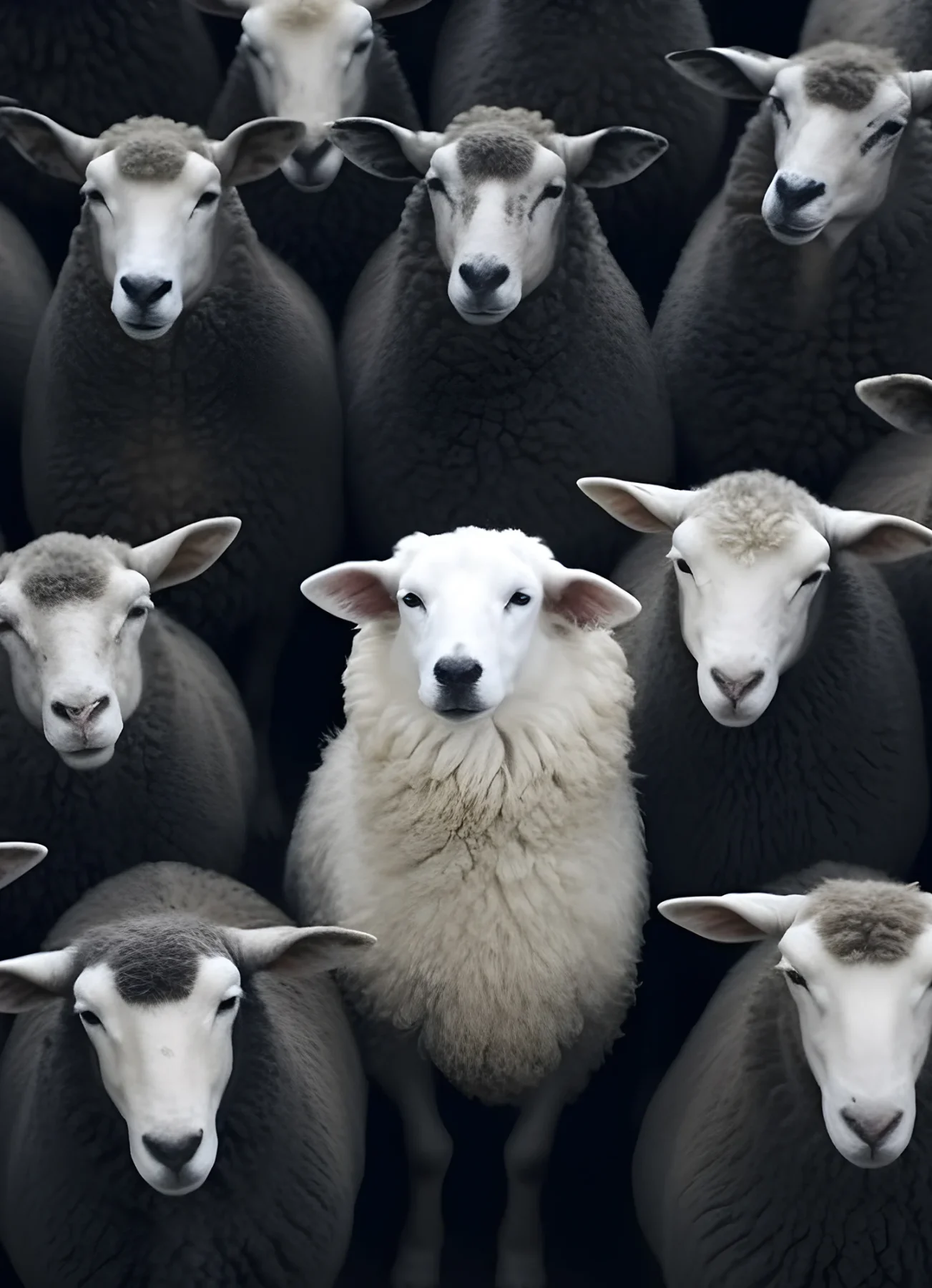 A white sheep nestled between a group of black sheep