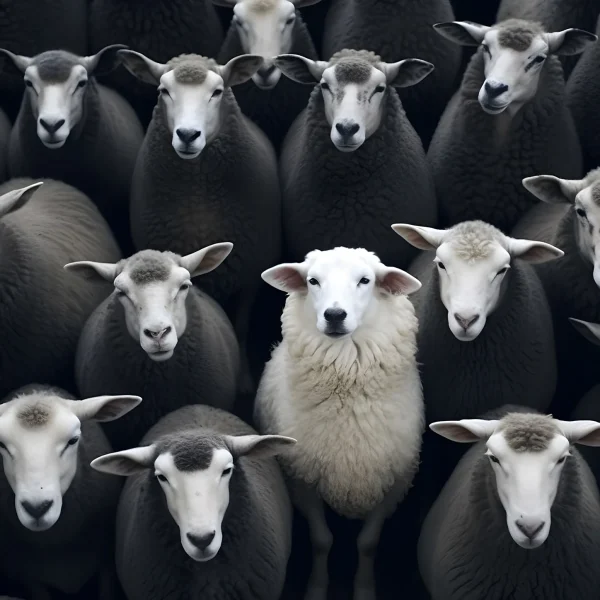 A white sheep nestled between a group of black sheep