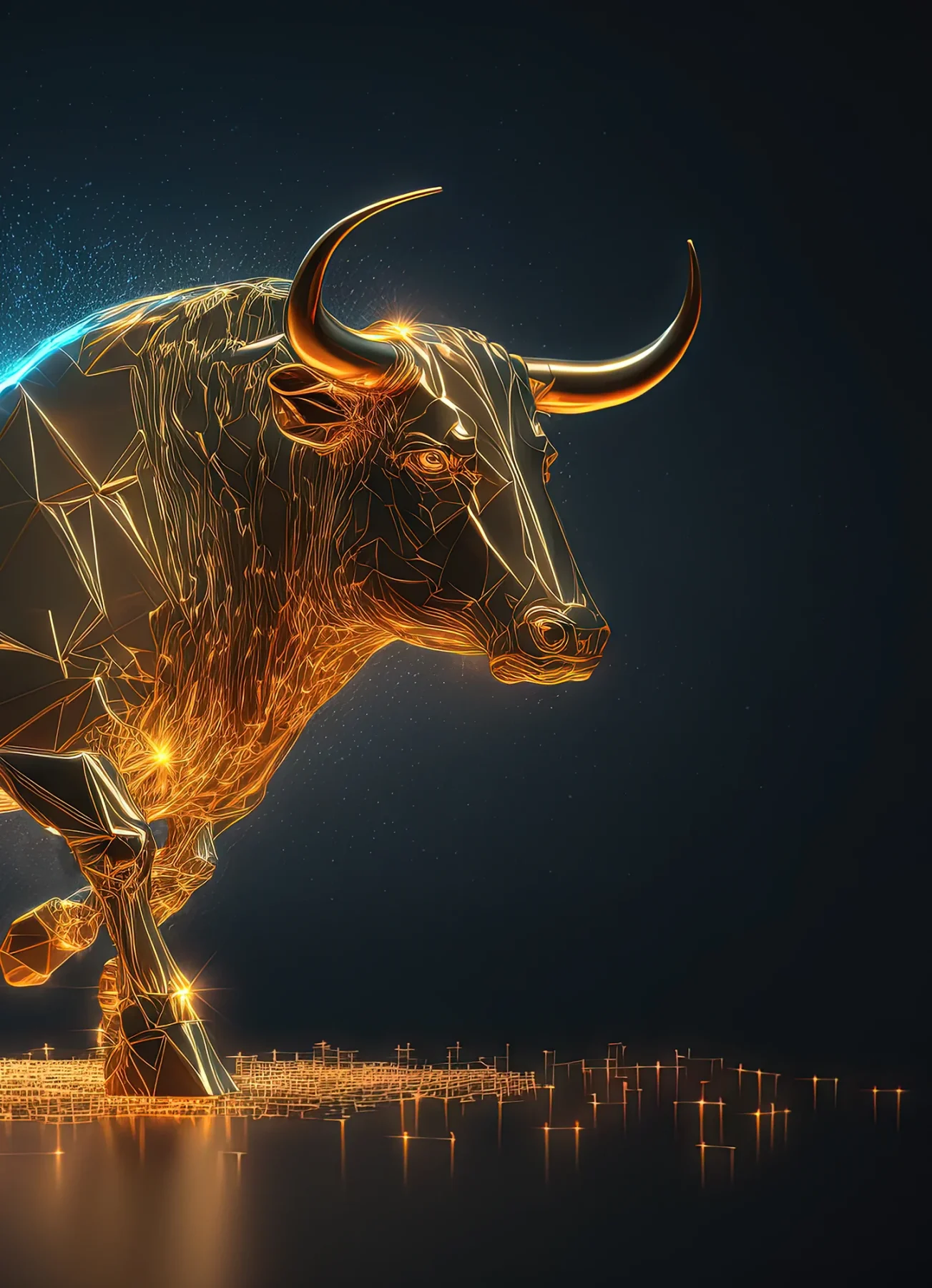 A gold bull on a black backdrop with a yellow glow