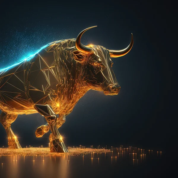 A gold bull on a black backdrop with a yellow glow