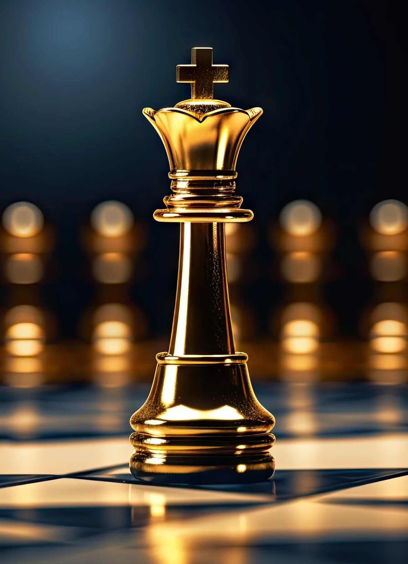 Gold chess piece in the centre of a chess board