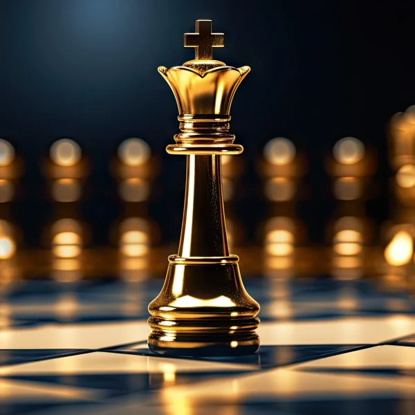 Gold chess piece in the centre of a chess board