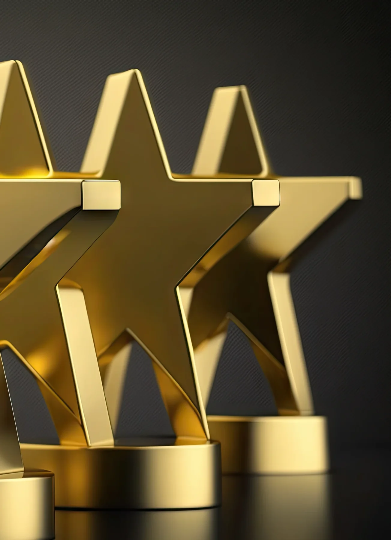 Three gold awards in the shape of a start, glimmering in the light, with a dark backdrop