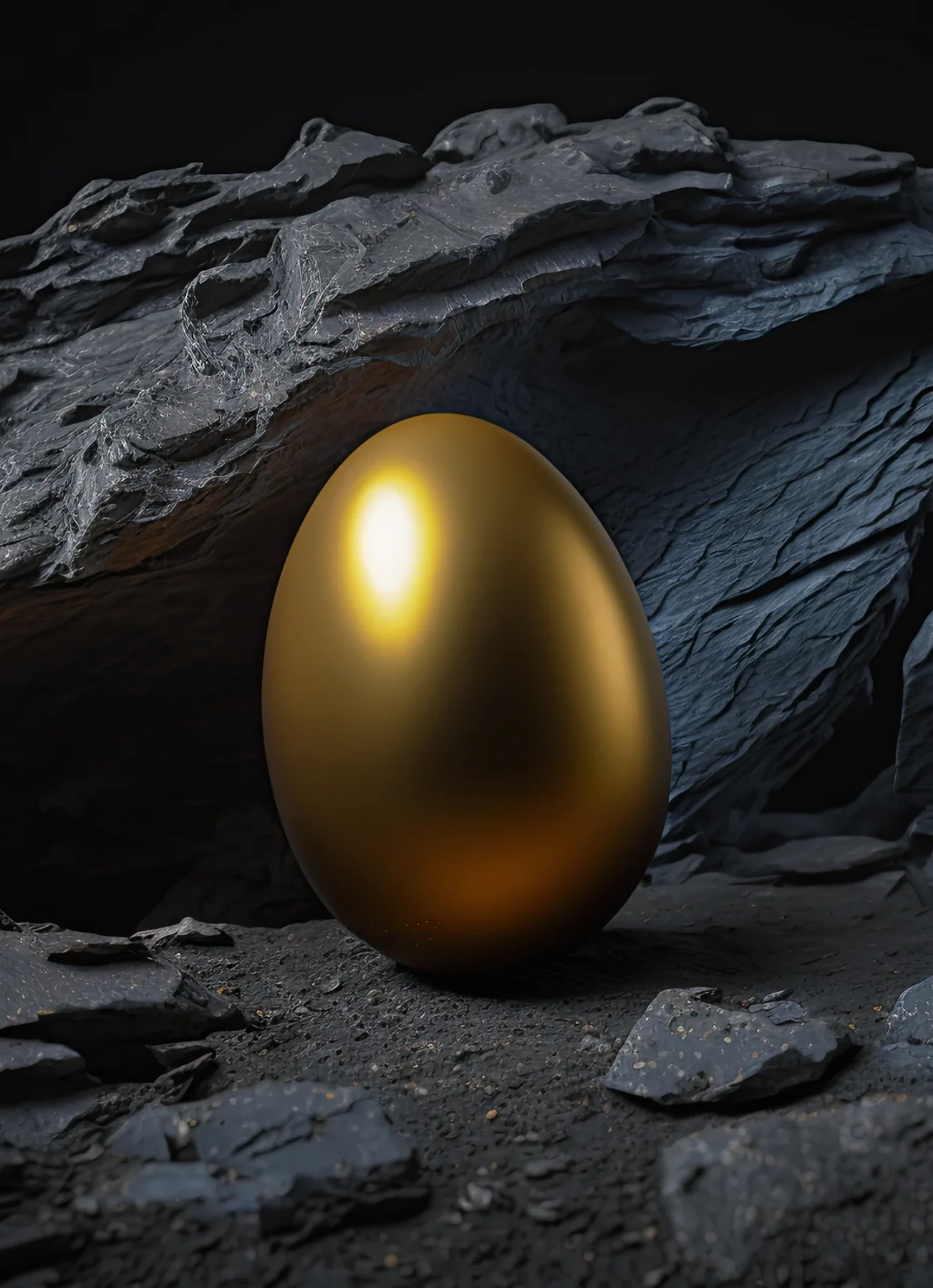 A golden egg positioned in front of a dark rock face