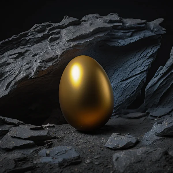 A golden egg positioned in front of a dark rock face